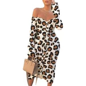 Leopard Longsleeve Maxi Dress-OFF SHOULDER